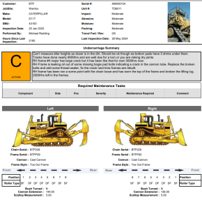 TrackTreads PDF report showing equipment condition and asset management data.